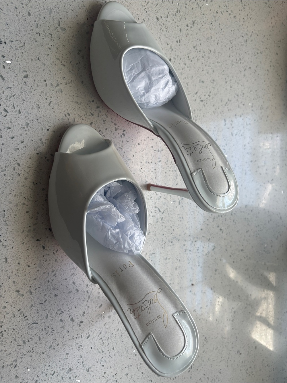 Christian Louboutin White Patent Leather Peep-Toe Mules